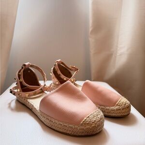 Pink Studded Espadrille Flats with Ankle Straps